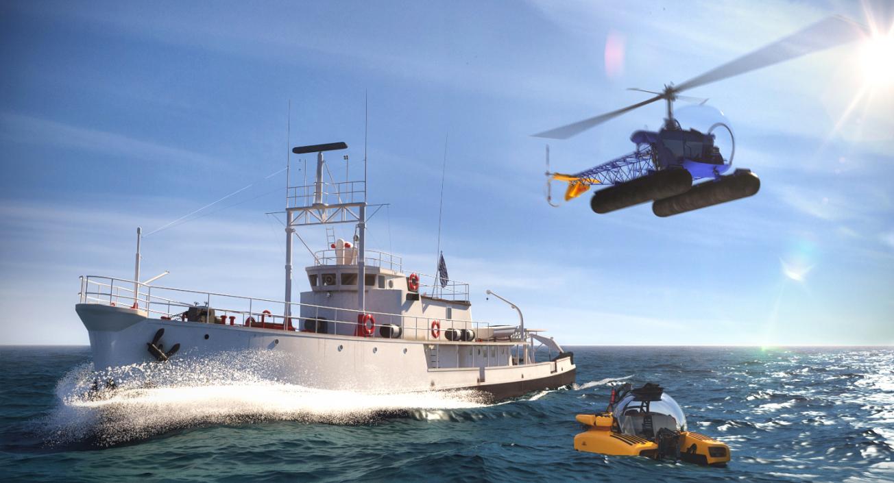 3D model Oceanographic Vessel with Helicopter and Submarine