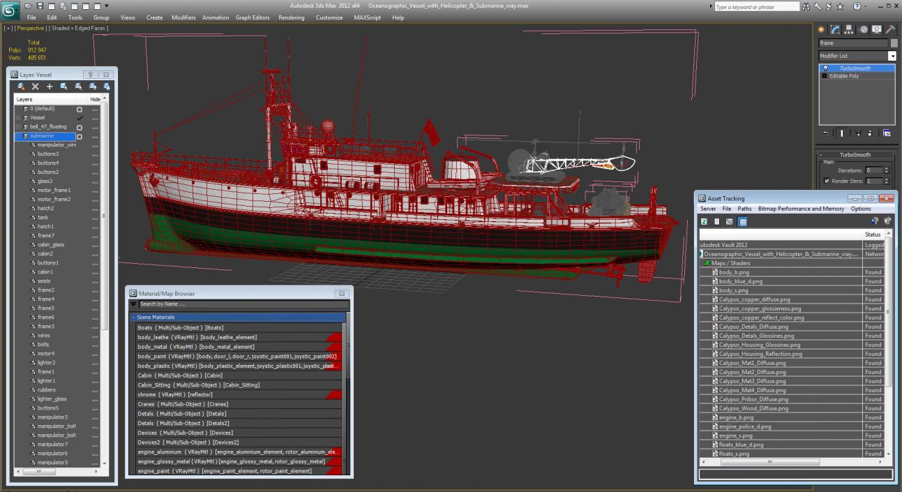 3D model Oceanographic Vessel with Helicopter and Submarine