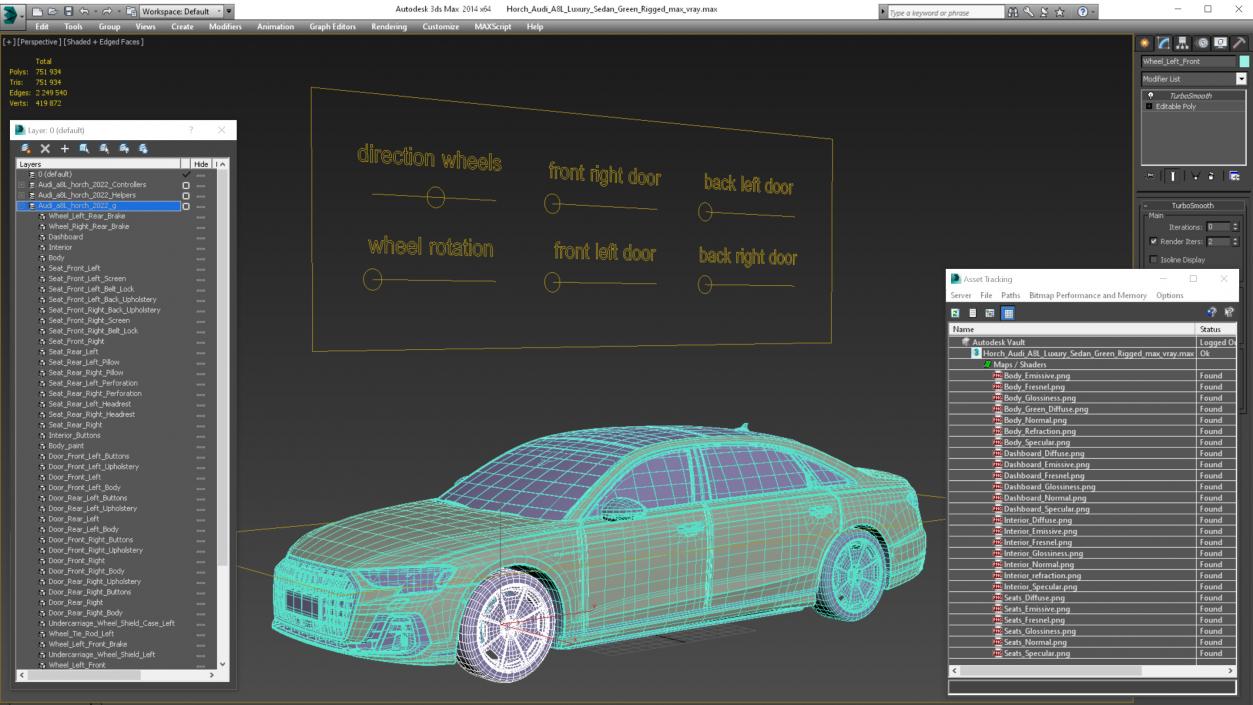 3D model Horch Audi A8L Luxury Sedan Green Rigged