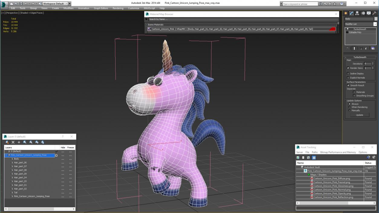 3D Pink Cartoon Unicorn Jumping Pose model