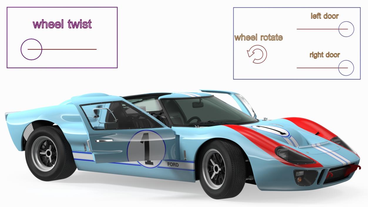 Ford GT40 Racing Car Blue Rigged 3D