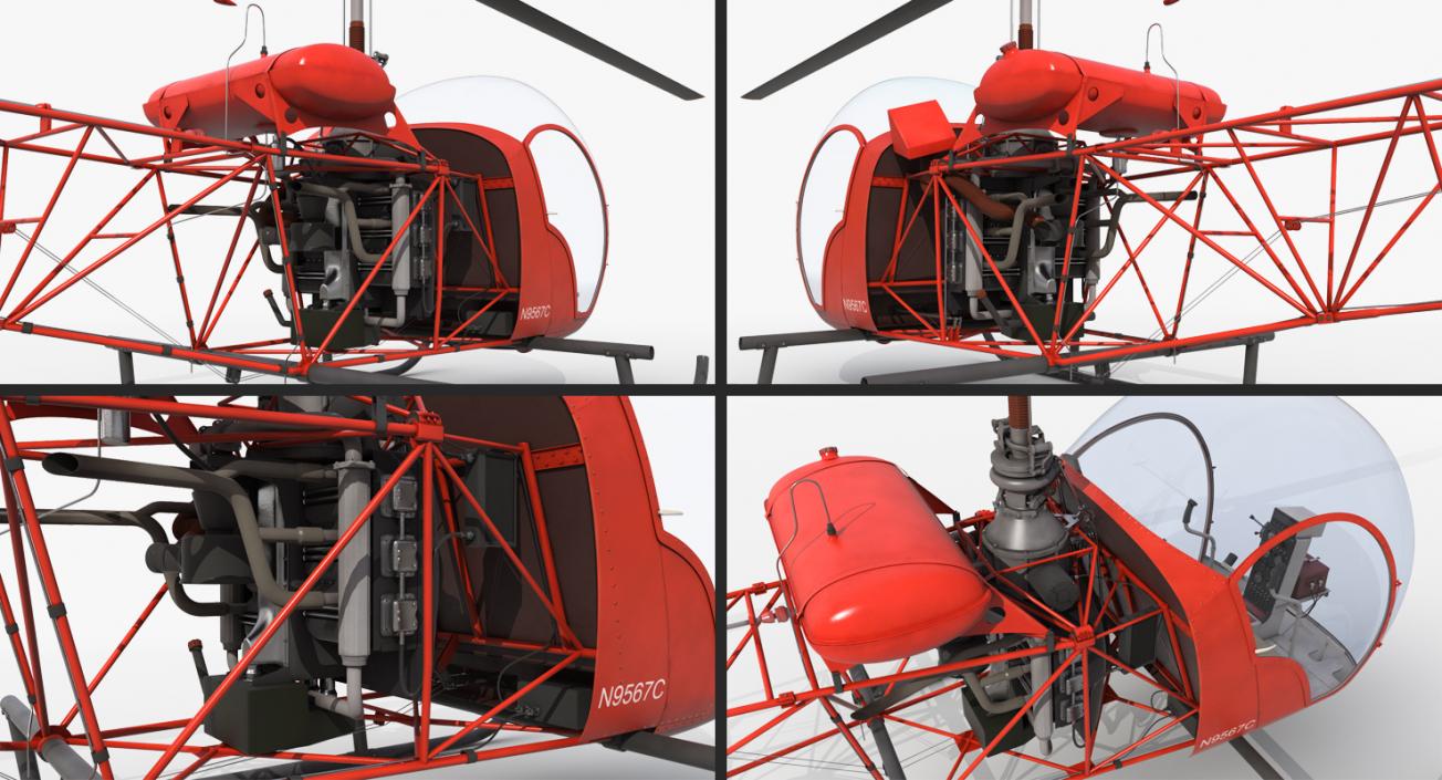 3D model Light Helicopter Bell 47 Red Rigged