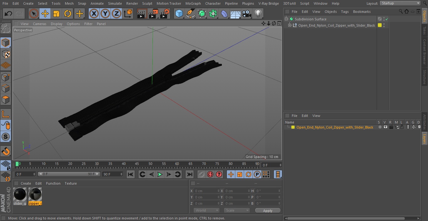 Open End Nylon Coil Zipper with Slider Black 3D model