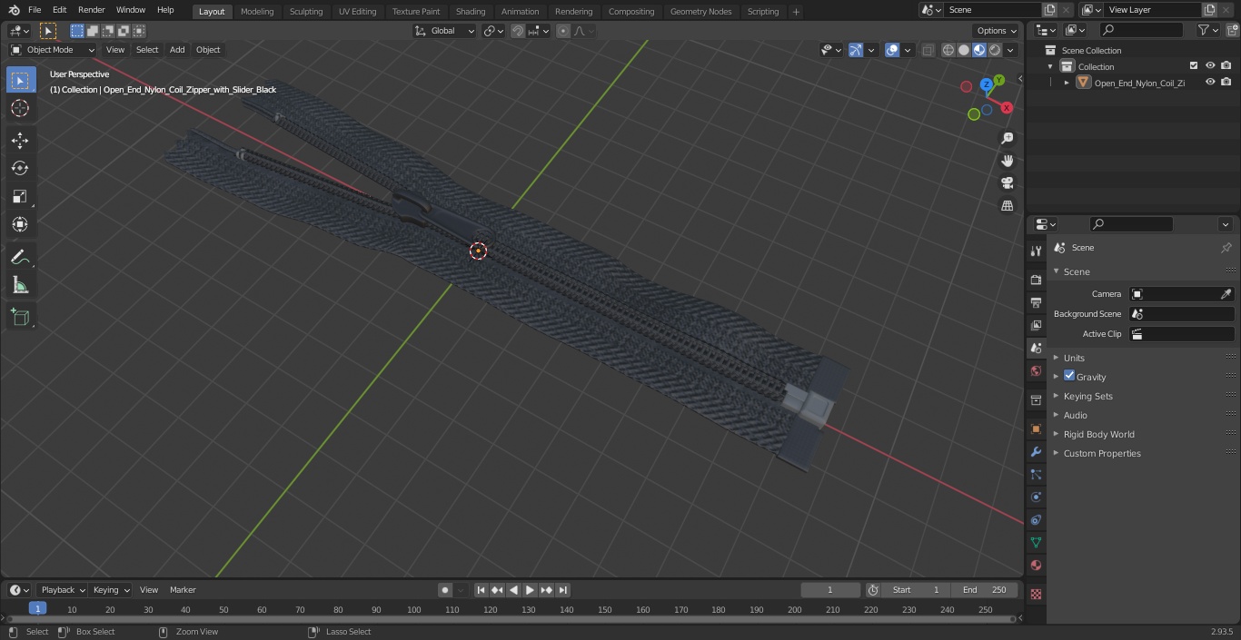 Open End Nylon Coil Zipper with Slider Black 3D model