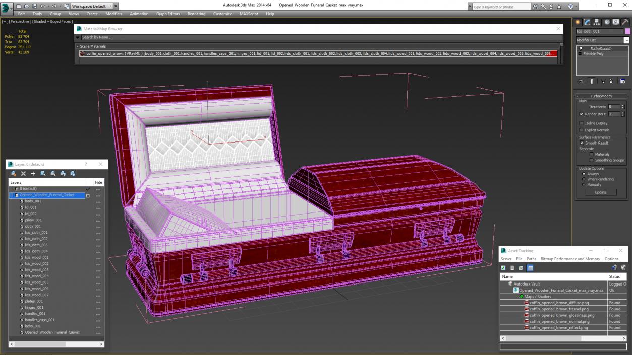 3D Opened Wooden Funeral Casket model