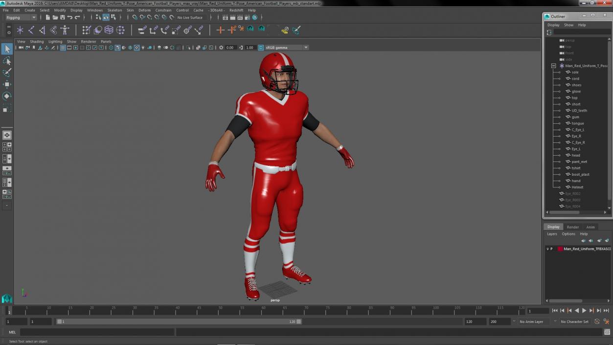 3D Man Red Uniform T-Pose American Football Players model