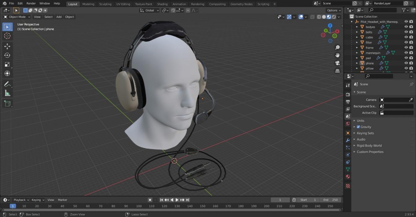 3D Pilot Headset with Mannequin Head model