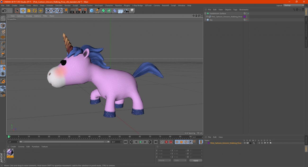 3D Pink Cartoon Unicorn Walking Pose model