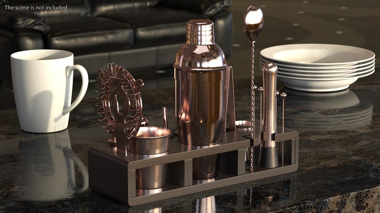 Copper Bar Kit with Wooden Stand 21 Pieces 3D