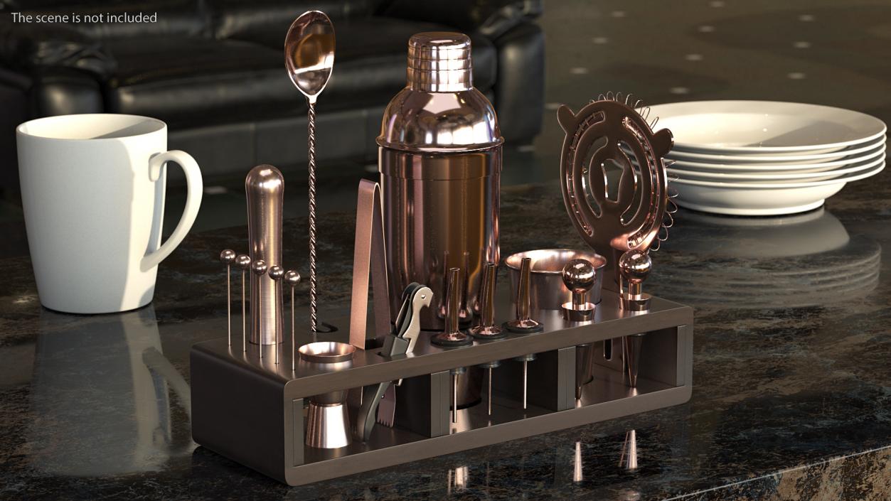 Copper Bar Kit with Wooden Stand 21 Pieces 3D