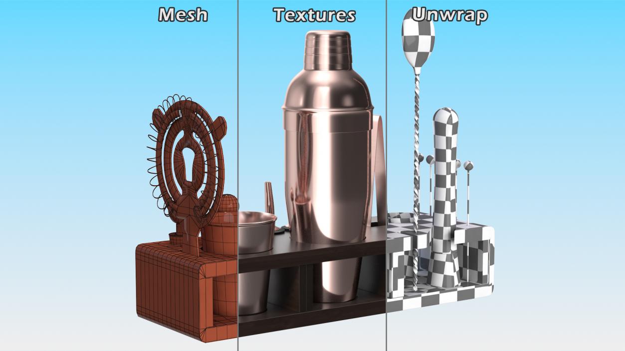 Copper Bar Kit with Wooden Stand 21 Pieces 3D