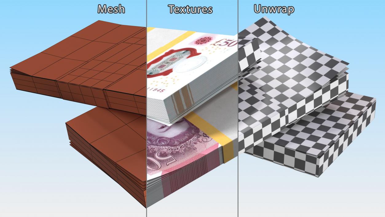 50 Pounds Banknotes in Three Packs 3D model