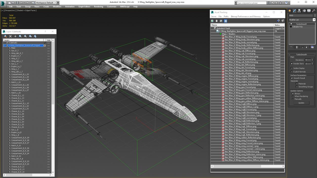 3D X-Wing Starfighter Spacecraft Rigged