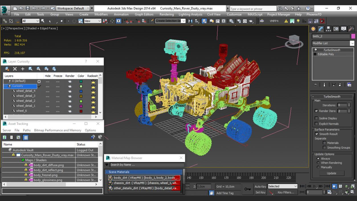 3D Curiosity Mars Rover Dusty