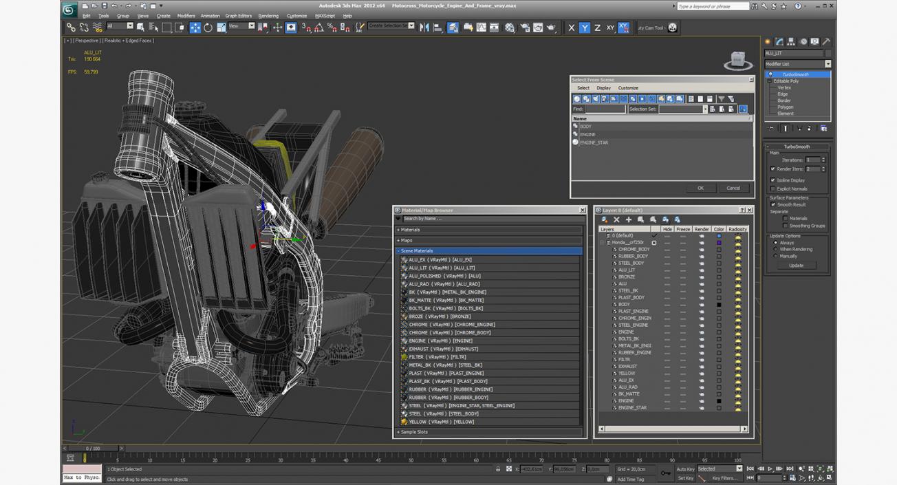 Motocross Motorcycle Engine And Frame 3D