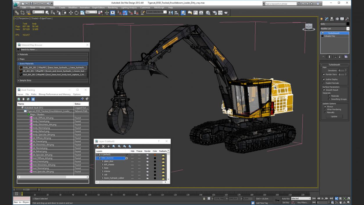 3D Tigercat 855D Tracked Knuckleboom Loader Dirty