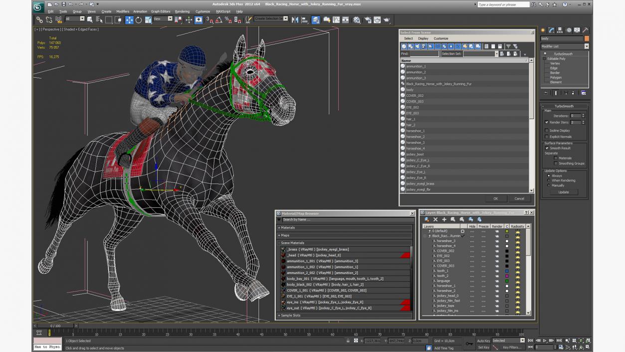 Black Racing Horse with Jockey Running Fur 3D