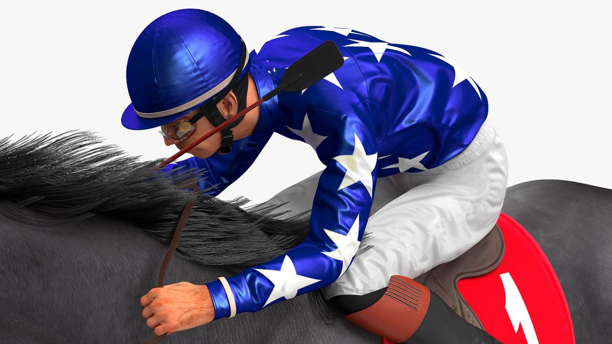 Black Racing Horse with Jockey Running Fur 3D