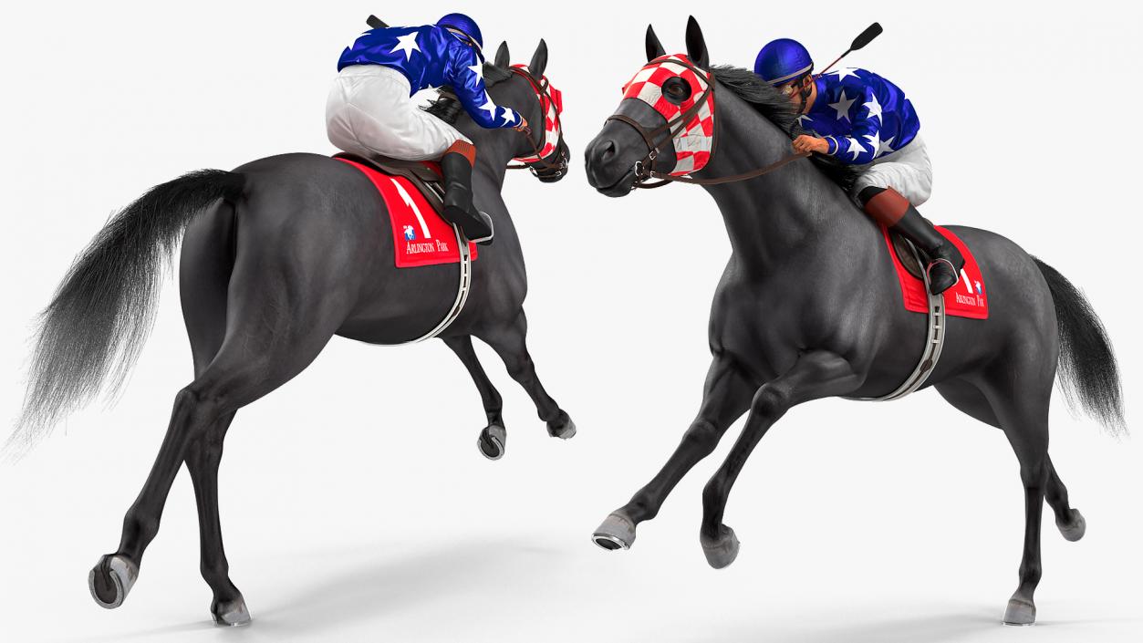 Black Racing Horse with Jockey Running Fur 3D