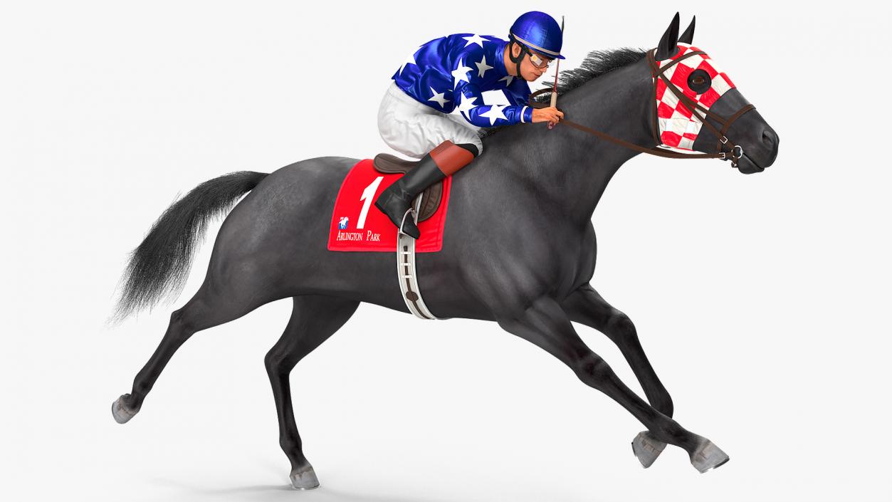 Black Racing Horse with Jockey Running Fur 3D