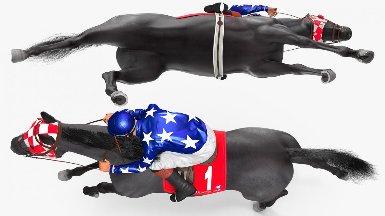 Black Racing Horse with Jockey Running Fur 3D