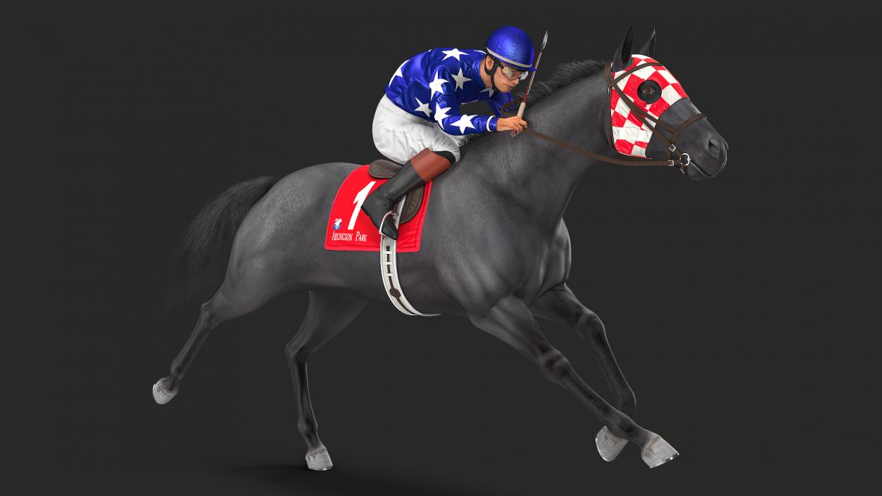 Black Racing Horse with Jockey Running Fur 3D