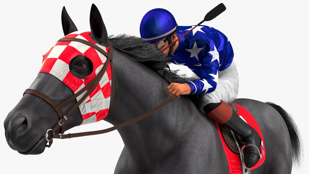 Black Racing Horse with Jockey Running Fur 3D