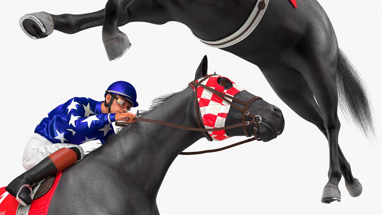 Black Racing Horse with Jockey Running Fur 3D