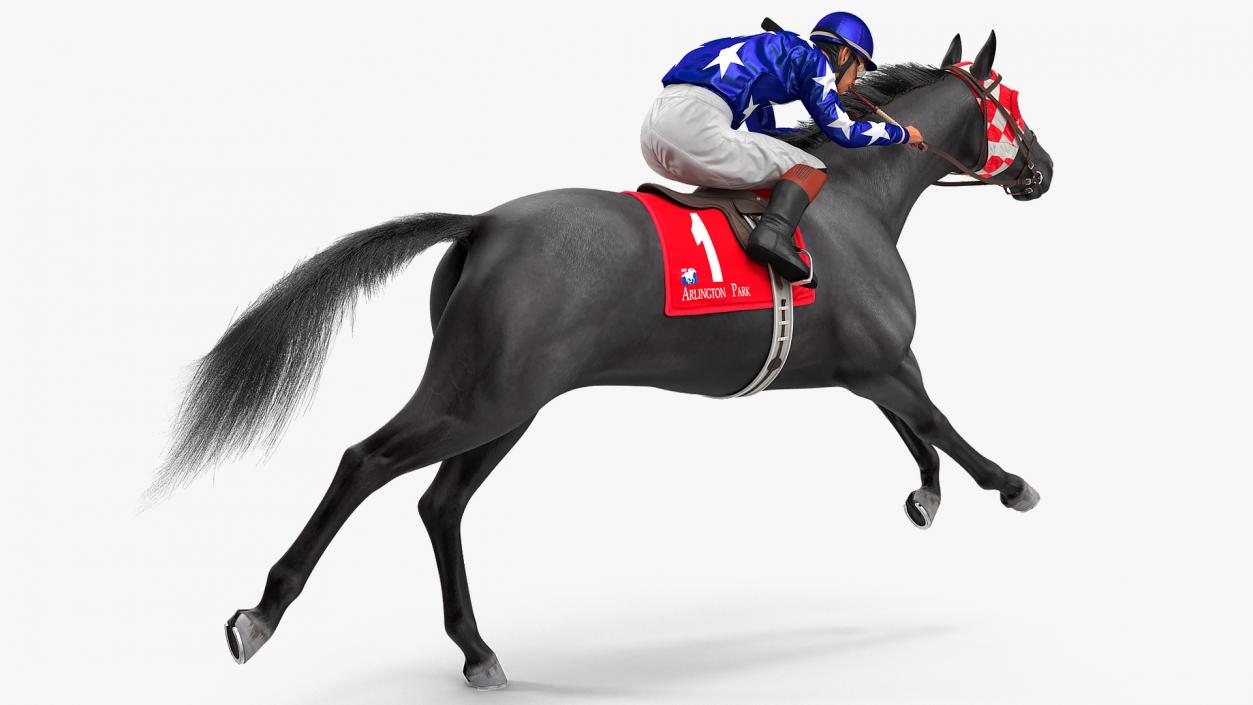 Black Racing Horse with Jockey Running Fur 3D