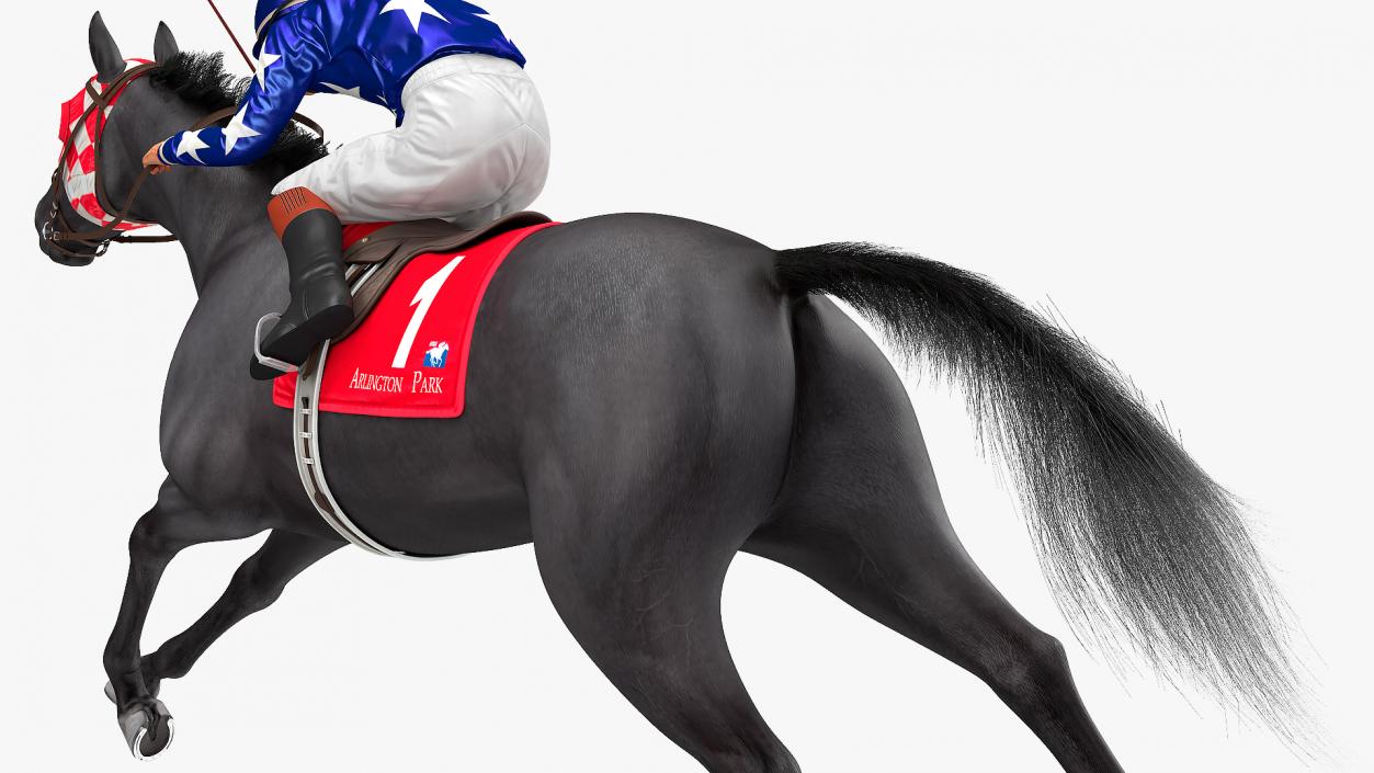 Black Racing Horse with Jockey Running Fur 3D