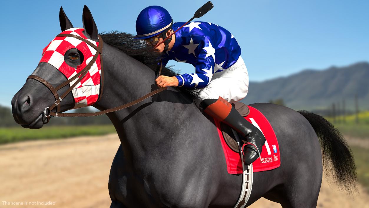 Black Racing Horse with Jockey Running Fur 3D