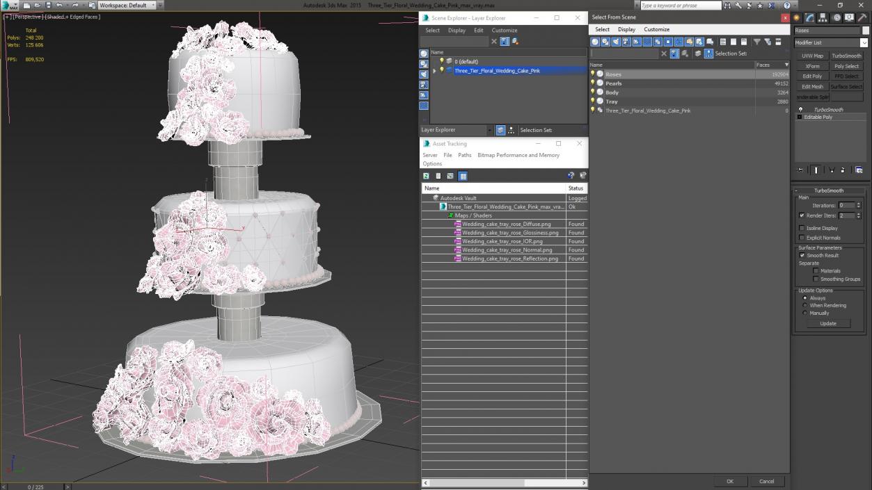 3D model Three Tier Floral Wedding Cake Pink