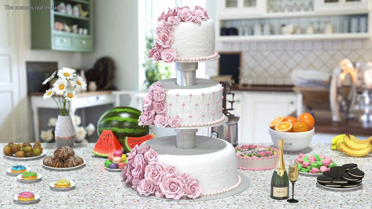 3D model Three Tier Floral Wedding Cake Pink