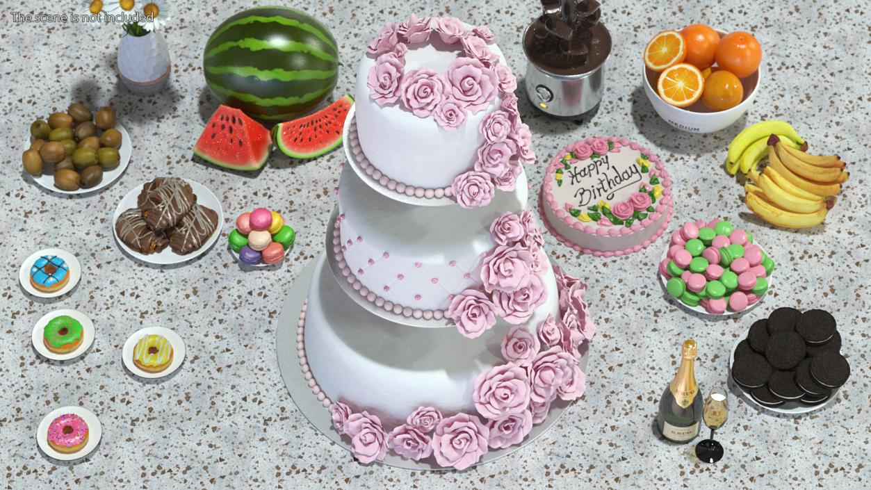 3D model Three Tier Floral Wedding Cake Pink