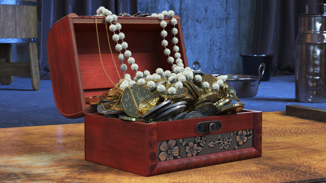 3D Treasure Box Full of Euro Coins and Jewelry model