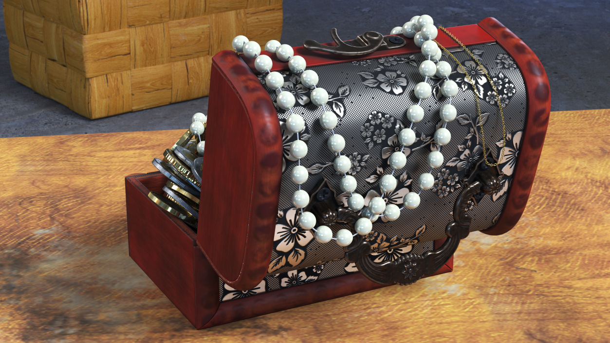 3D Treasure Box Full of Euro Coins and Jewelry model