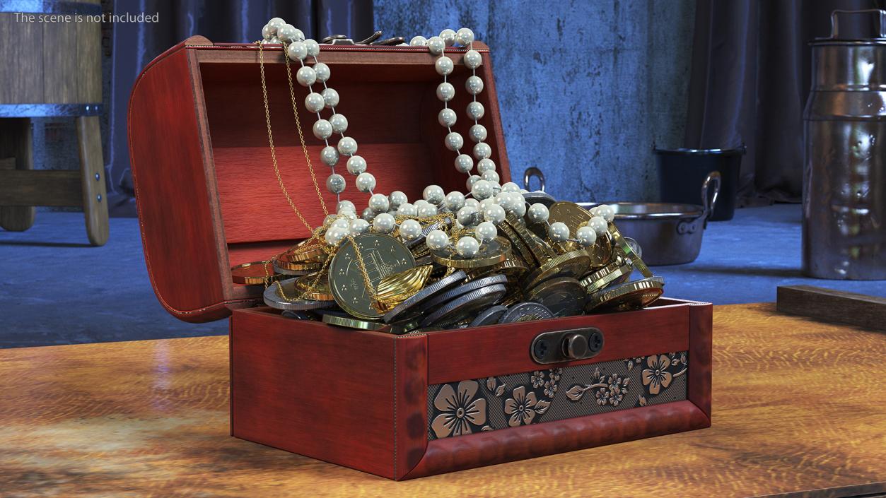 3D Treasure Box Full of Euro Coins and Jewelry model