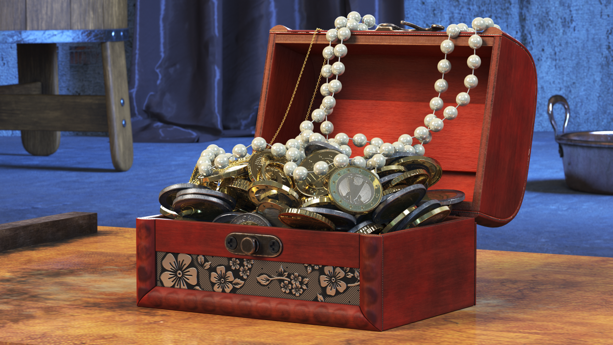 3D Treasure Box Full of Euro Coins and Jewelry model