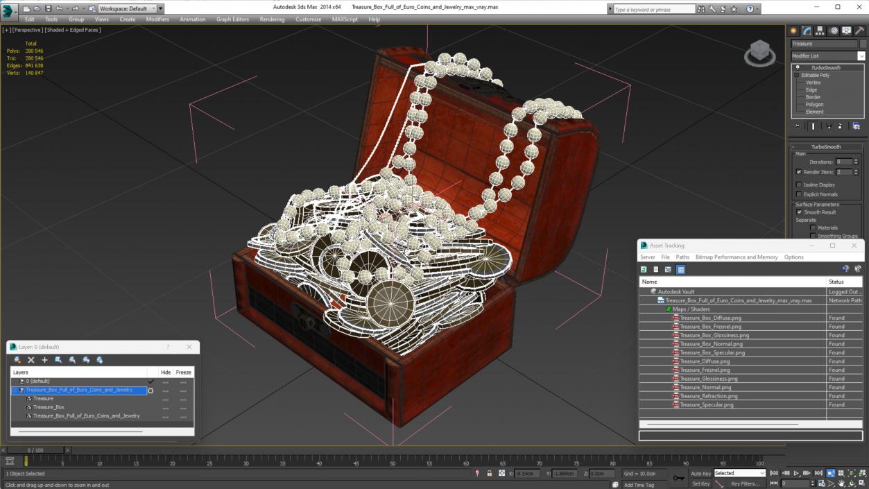 3D Treasure Box Full of Euro Coins and Jewelry model