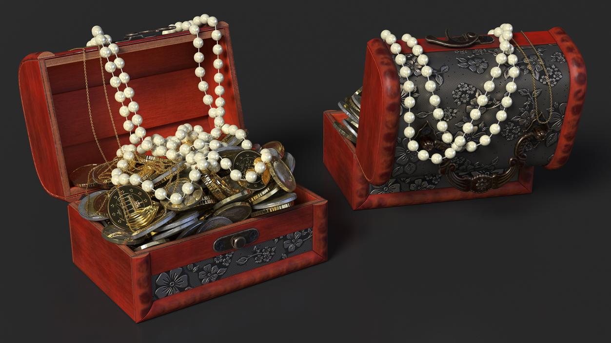 3D Treasure Box Full of Euro Coins and Jewelry model