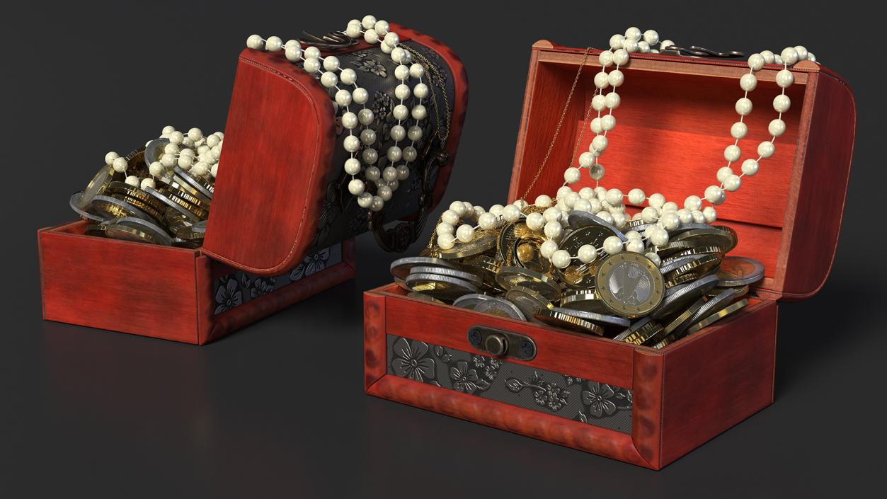 3D Treasure Box Full of Euro Coins and Jewelry model