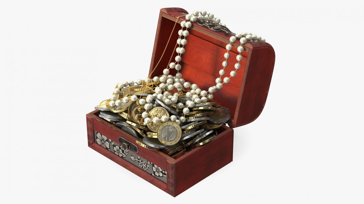 3D Treasure Box Full of Euro Coins and Jewelry model