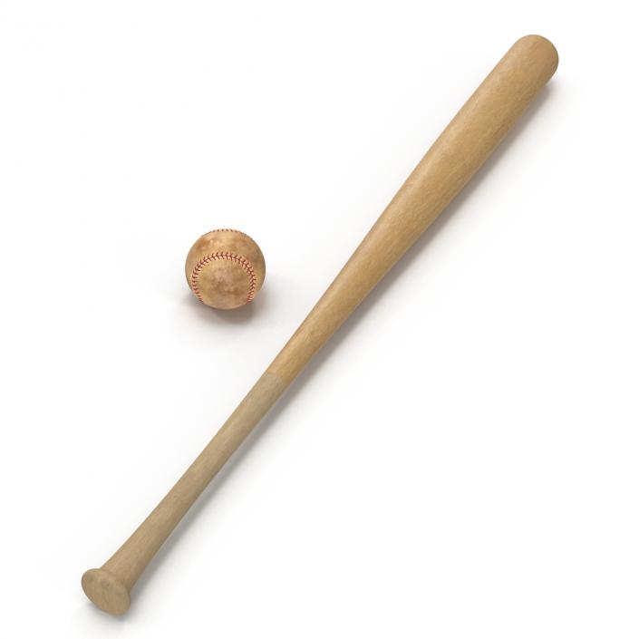 Baseball and Wooden Baseball Bat 2 3D model