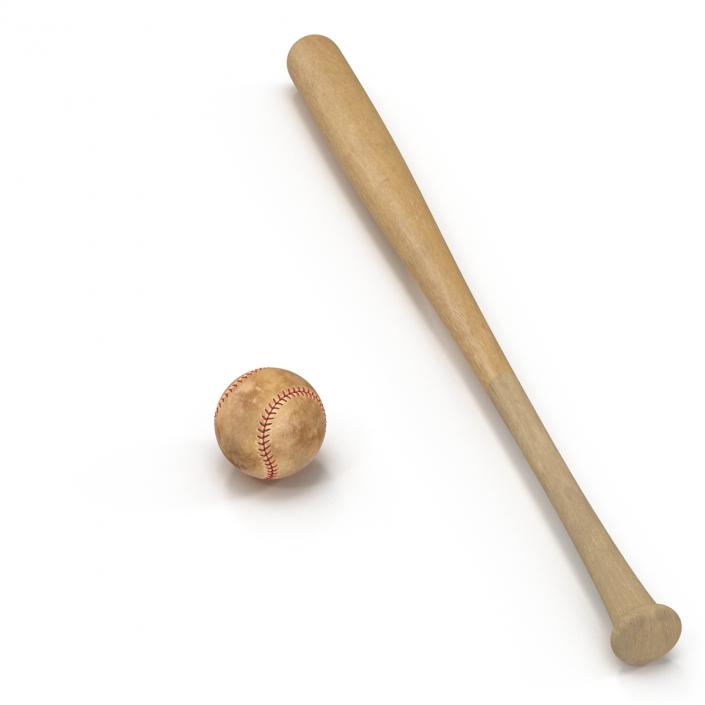 Baseball and Wooden Baseball Bat 2 3D model