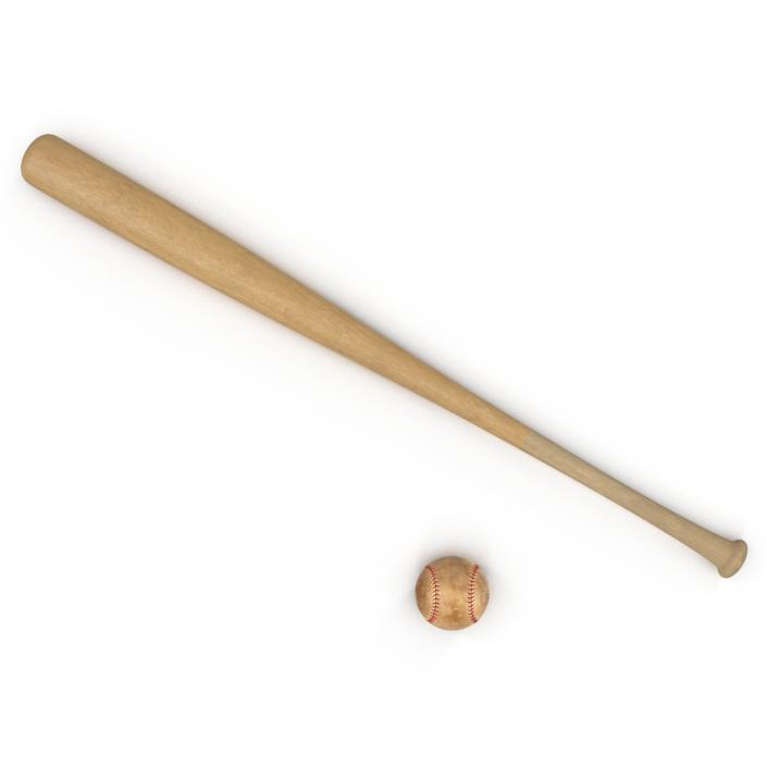 Baseball and Wooden Baseball Bat 2 3D model