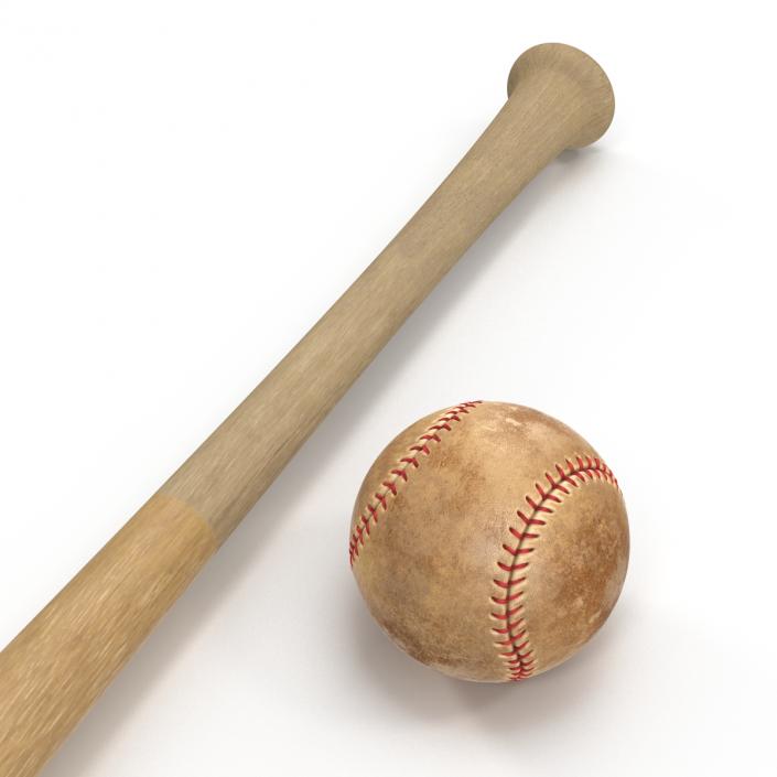 Baseball and Wooden Baseball Bat 2 3D model