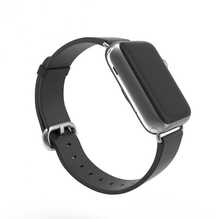 3D Apple Watch 38mm Classic Buckle Black Leather Stainless Steel