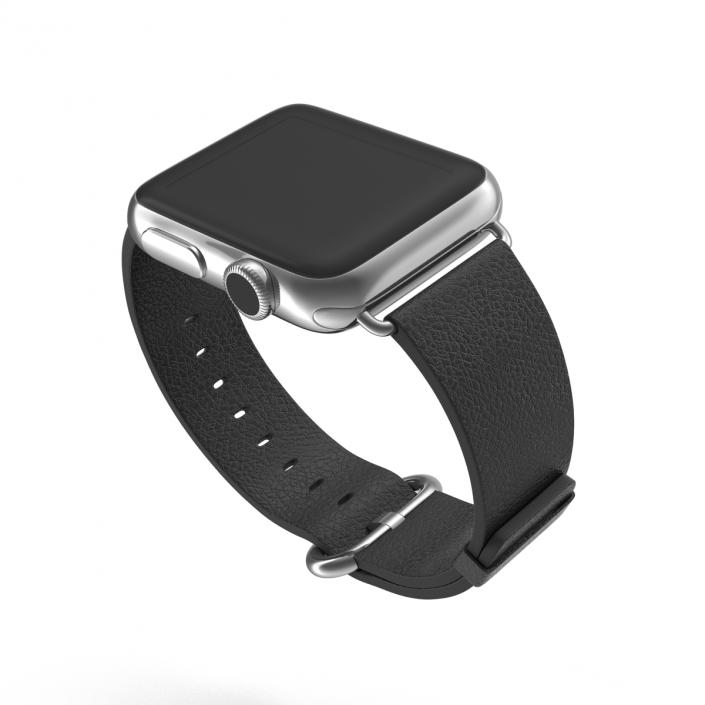 3D Apple Watch 38mm Classic Buckle Black Leather Stainless Steel