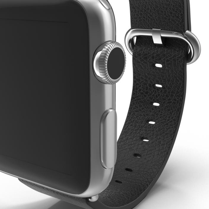 3D Apple Watch 38mm Classic Buckle Black Leather Stainless Steel