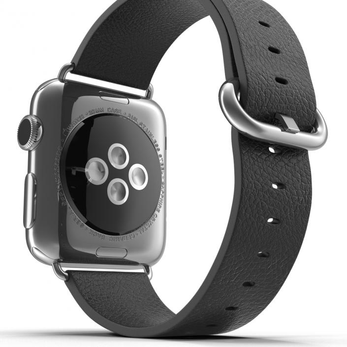 3D Apple Watch 38mm Classic Buckle Black Leather Stainless Steel